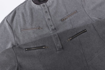 Half-Open Collar Check Wash Damage Short Sleeve T-Shirt WN25643
