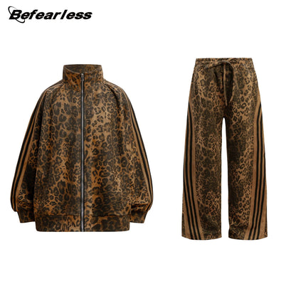 Leopard Design Stand Neck Zipper Jacket & Wide Leg Pants Setup WN18570