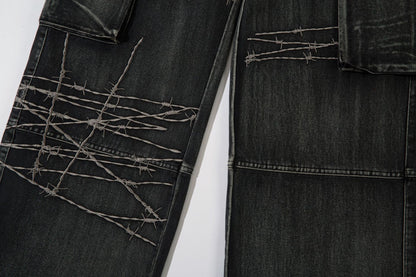 Cargo Pocket Embroidery Wide Leg Denim Jeans WN25718