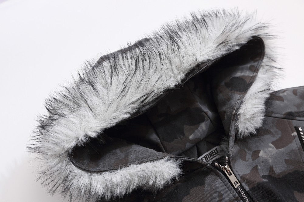 Camouflage Fake Fur Collar Multi-Zipper Short Puffer Jacket WN27891