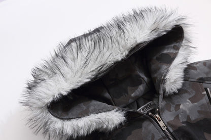 Camouflage Fake Fur Collar Multi-Zipper Short Puffer Jacket WN27891