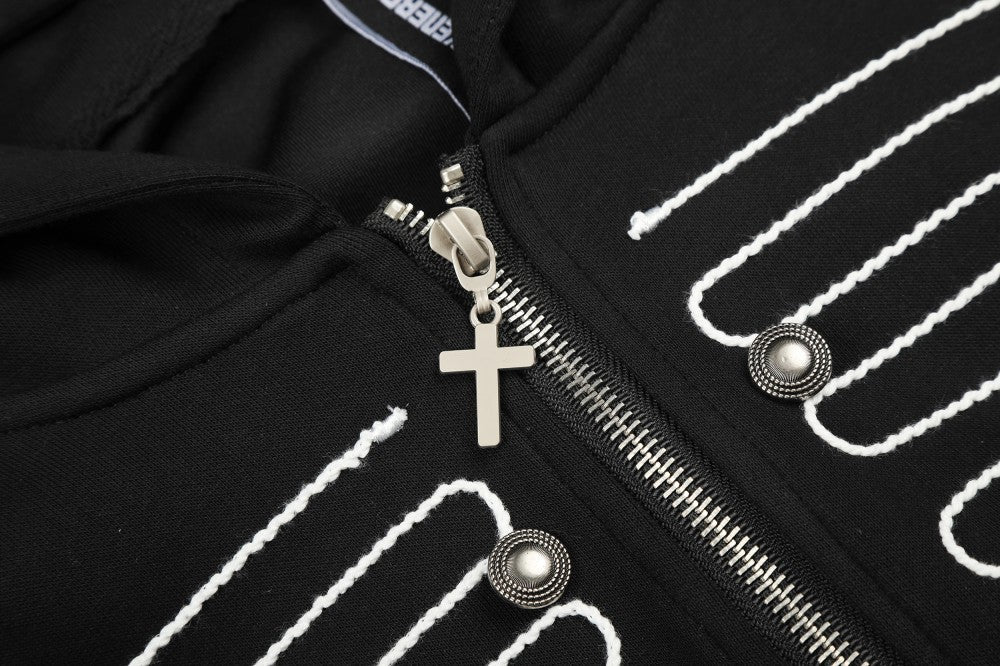 Knot Embroidery Metal Stud Cross Zipper Hoodie WN27796