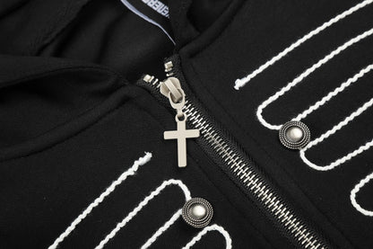 Knot Embroidery Metal Stud Cross Zipper Hoodie WN27796