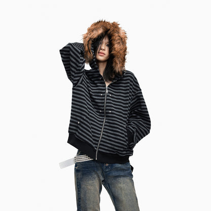 Fur Collar Stripe Oversize Zipper Hoodie WN27336