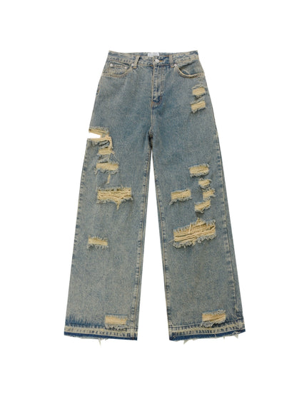 Wash Damaged Straight Denim Jeans WN6121