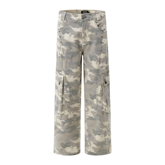 Camouflage Washed Straight Cargo Denim Jeans WN12745