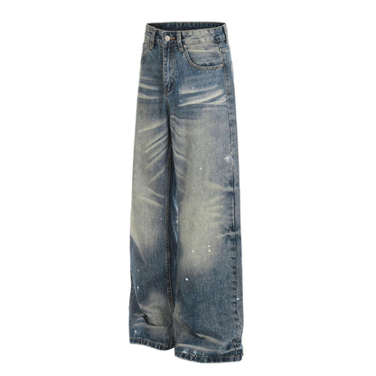 Washed Whisker Paint Splatter Straight Denim Jeans WN26147