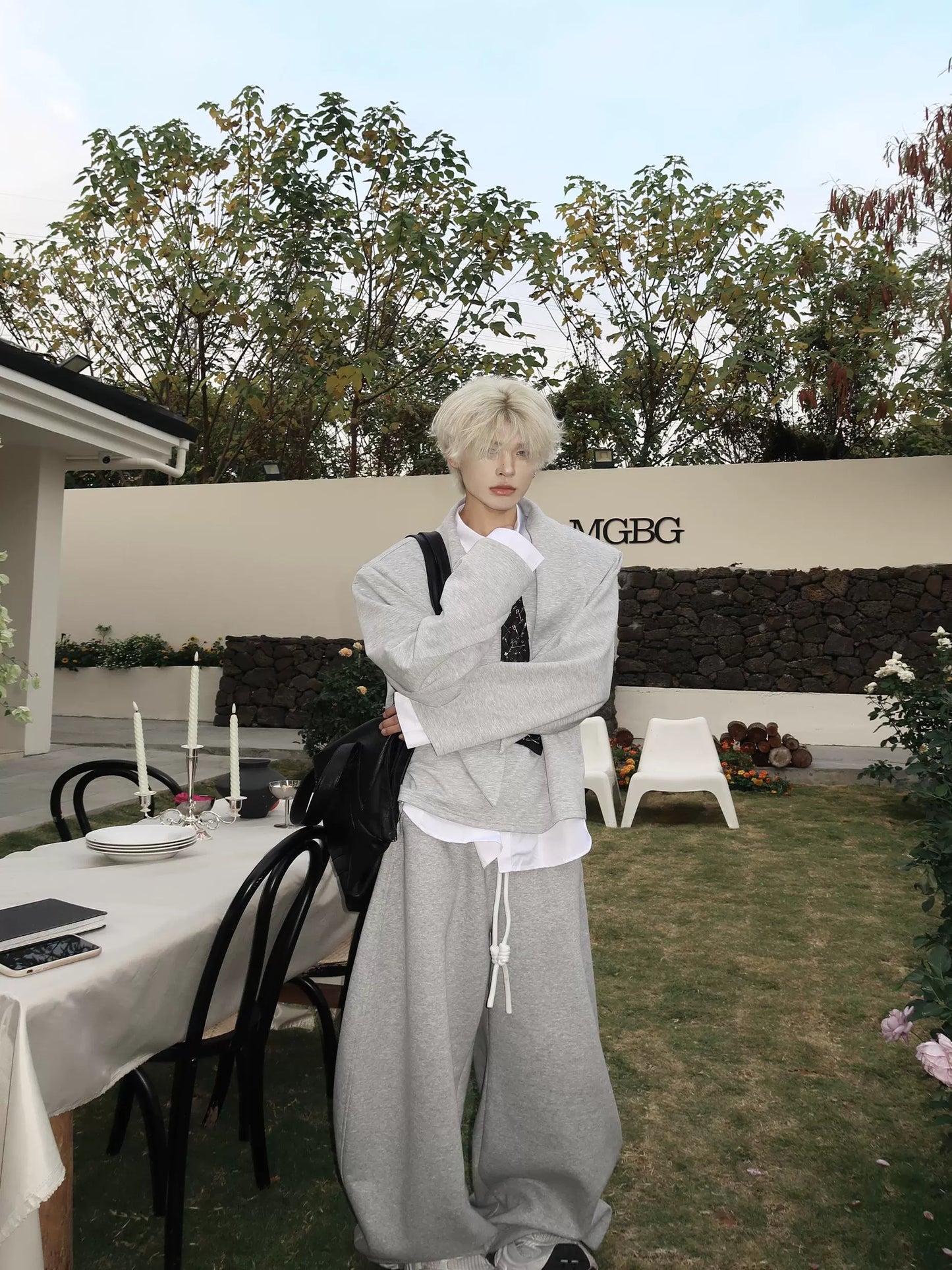 Double Collar Tie Shoulder-Pad Pullover Sweatshirt WN19920