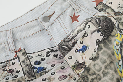 Allover Leopard Print Wide Leg Short Denim Jeans WN25650