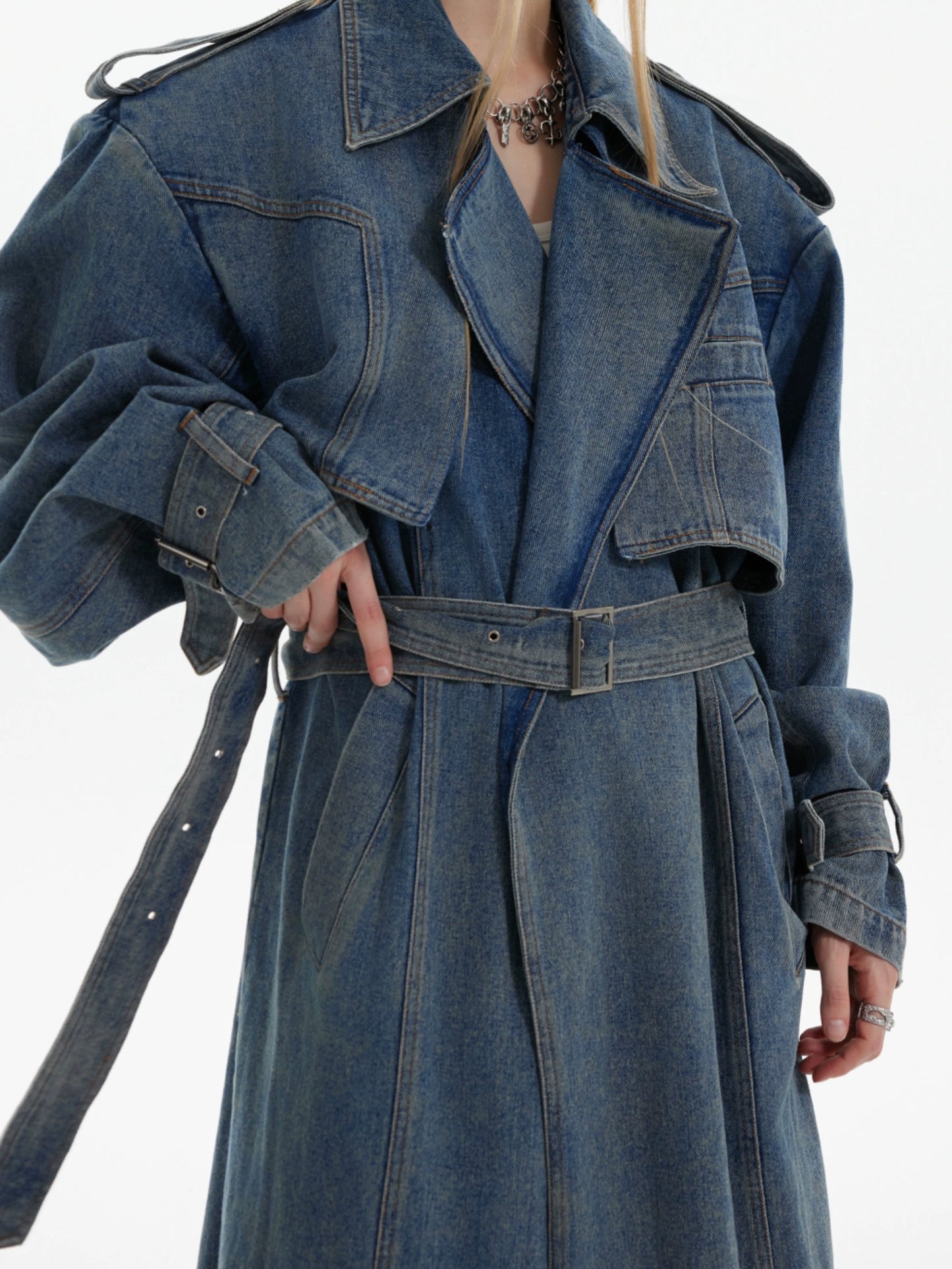 Washed Double Breasted Long Denim Coat WN8684