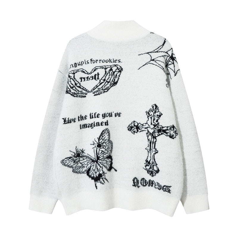 Butterfly Cross Design Oversize Zipper Knit Cardigan WN11170