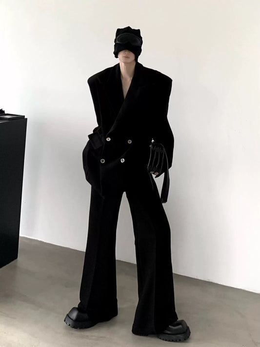 Shoulder Pad Double Collar Tailored Jacket & Wide-Leg Straight Trousers Setup WN9192