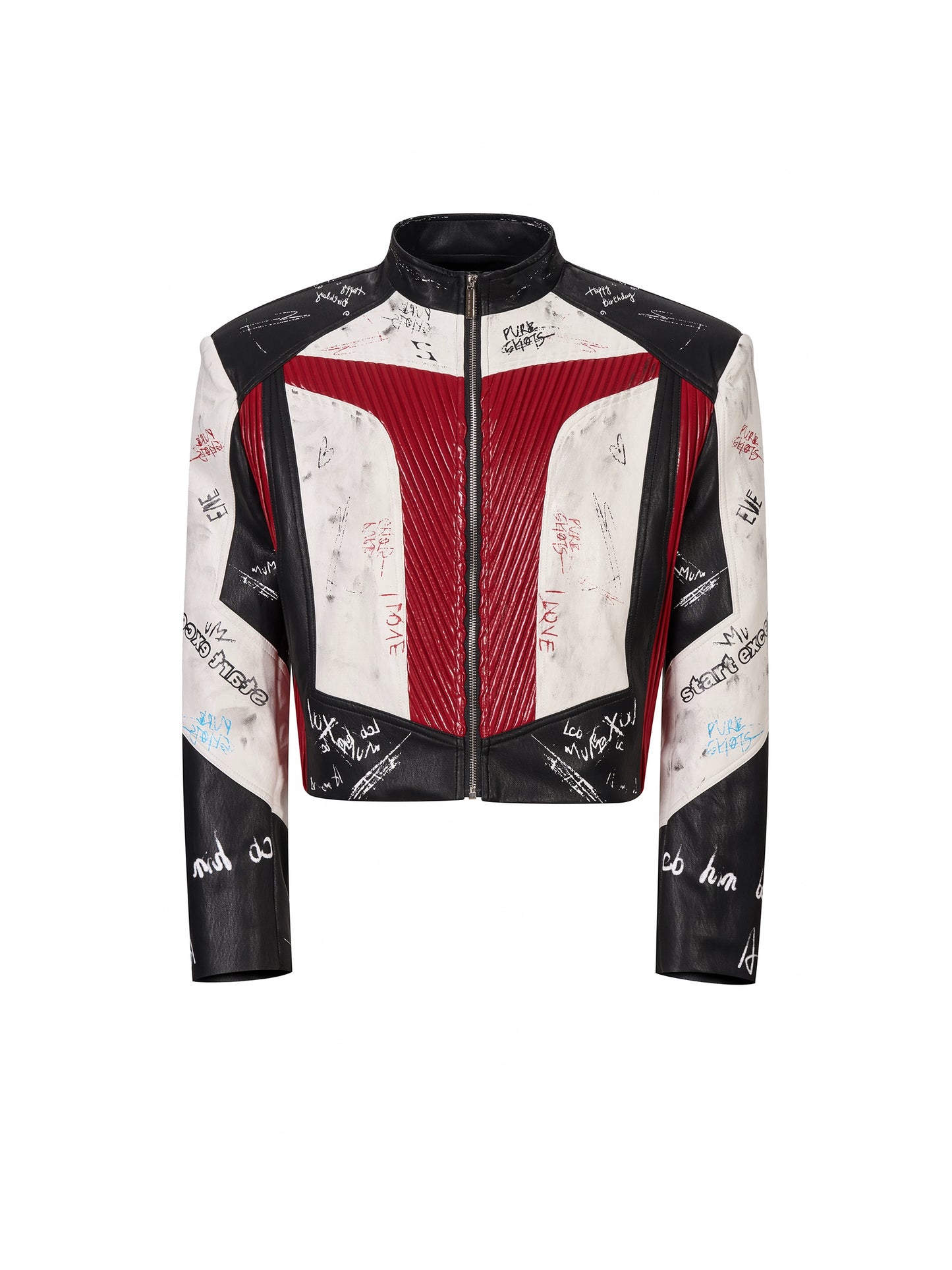 Graffiti Logo Print Stand Neck Patchwork PU Leather Short Jacket WN21808