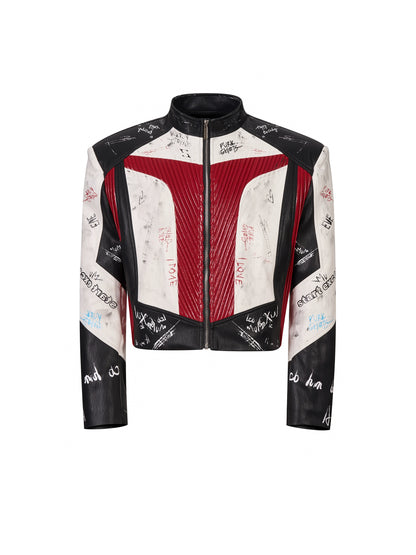 Graffiti Logo Print Stand Neck Patchwork PU Leather Short Jacket WN21808