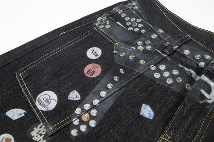 Badge Belt Print Wide Leg Half Denim Jeans WN18522