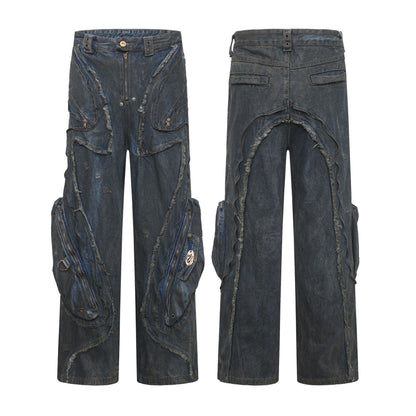 Washed Heavy-Duty Cargo Denim Jeans WN11359