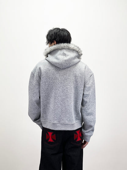 Fake Fur Collar Deconstructed Short Length Oversize Zipper Hoodie WN24239
