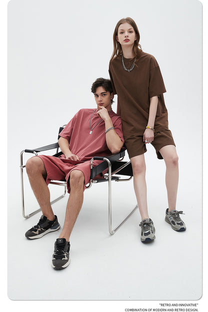 Washed Dyed Oversize Damage Short-sleeve T-shirt & Short Sweatpants Setup WN6630