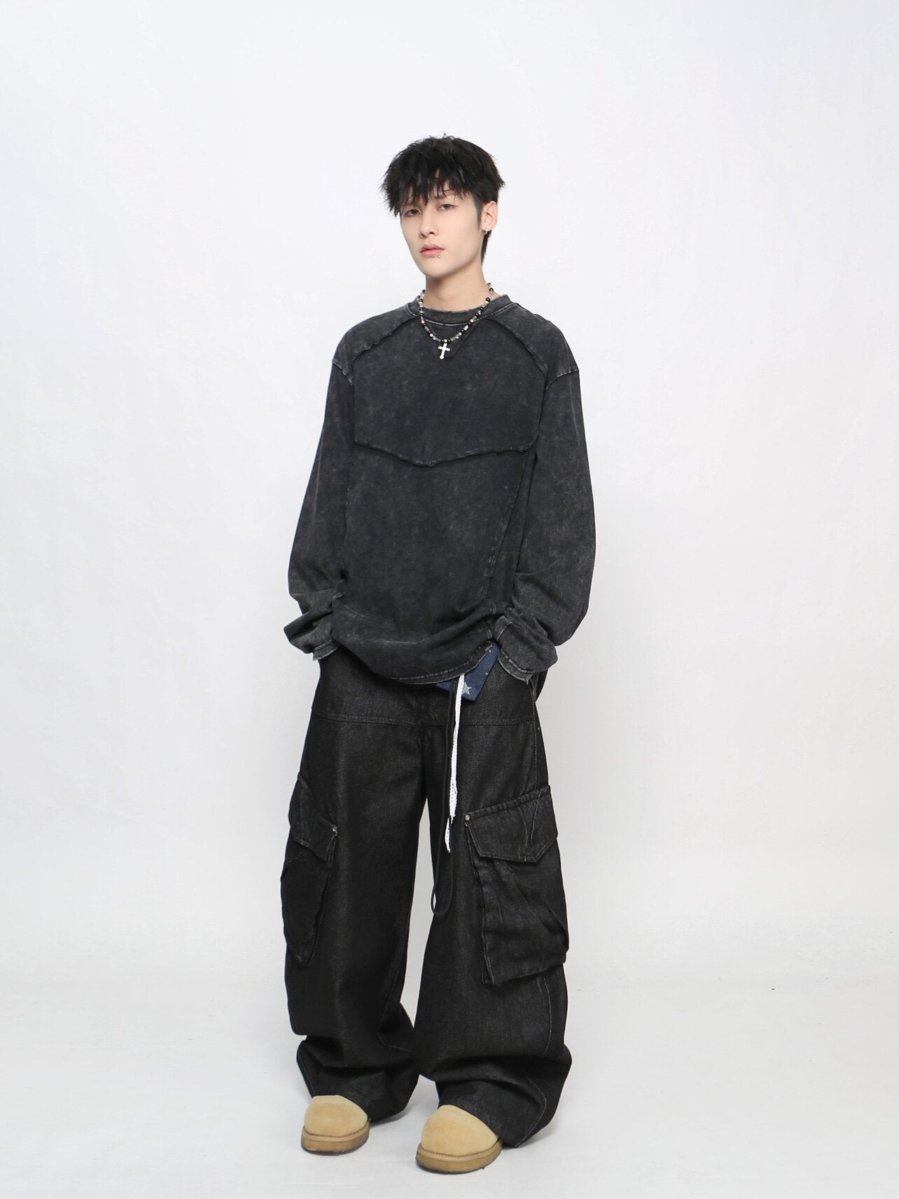 Washed Deconstructed Appliqué Oversize Long Sleeve T-Shirt WN24471