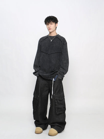 Washed Deconstructed Appliqué Oversize Long Sleeve T-Shirt WN24471