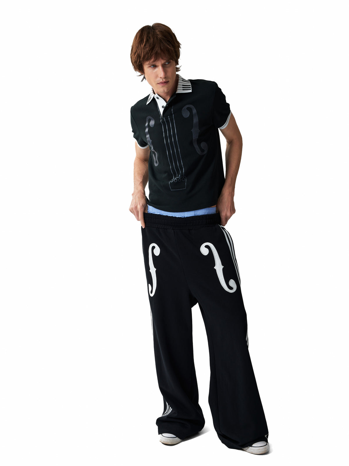 Side Stripe Musical Symbol Print Wide Leg Sweatpants WN27216