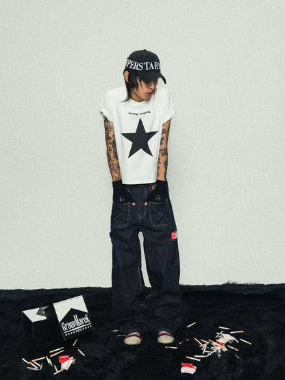 Graphic Patch Wide Leg Denim Jeans WN17219