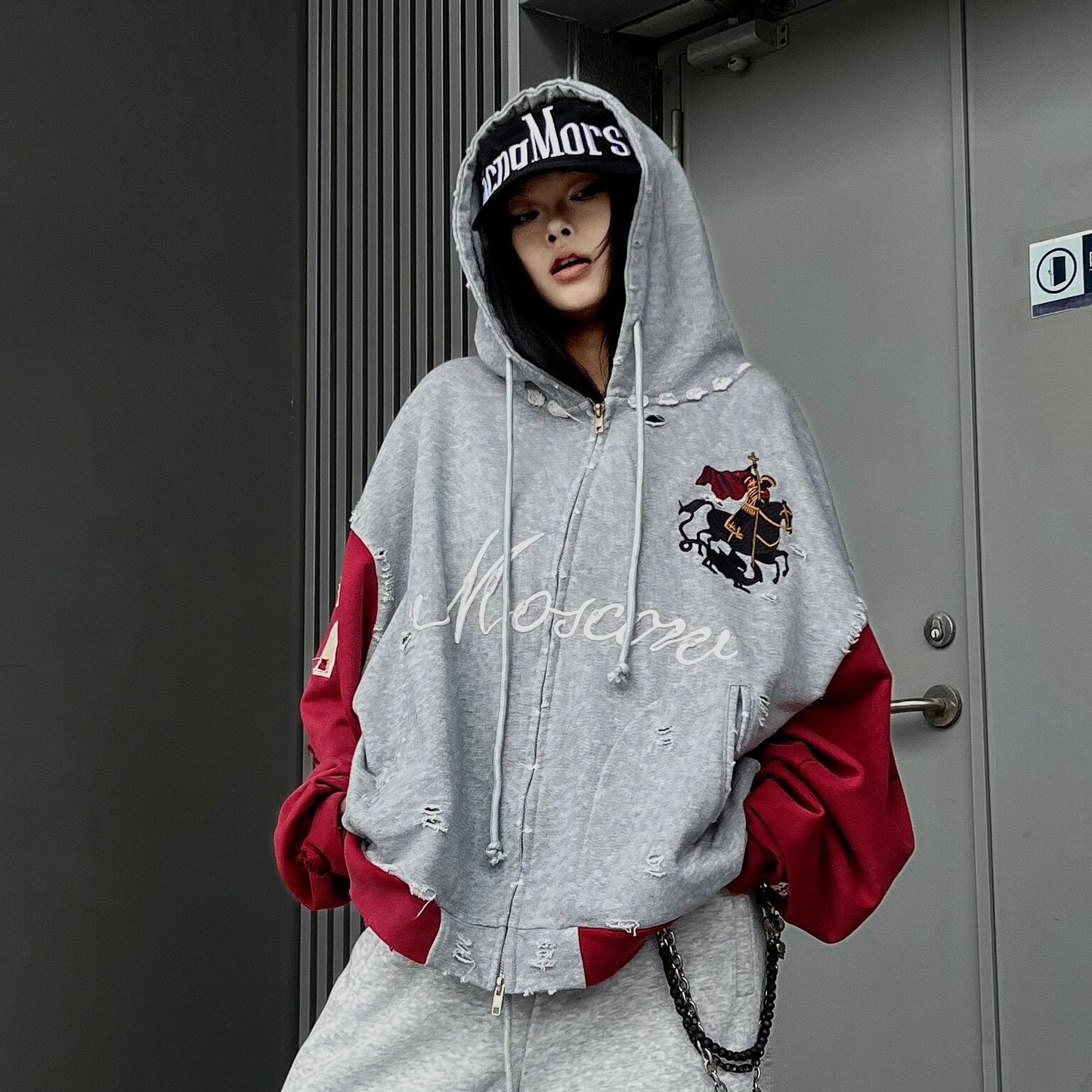 Damage Number Print Embroidery Oversize Zipper Hoodie WN24180