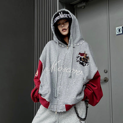 Damage Number Print Embroidery Oversize Zipper Hoodie WN24180