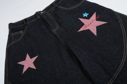 Star Patch Embroidery Denim Wide Leg Half Pants WN25693