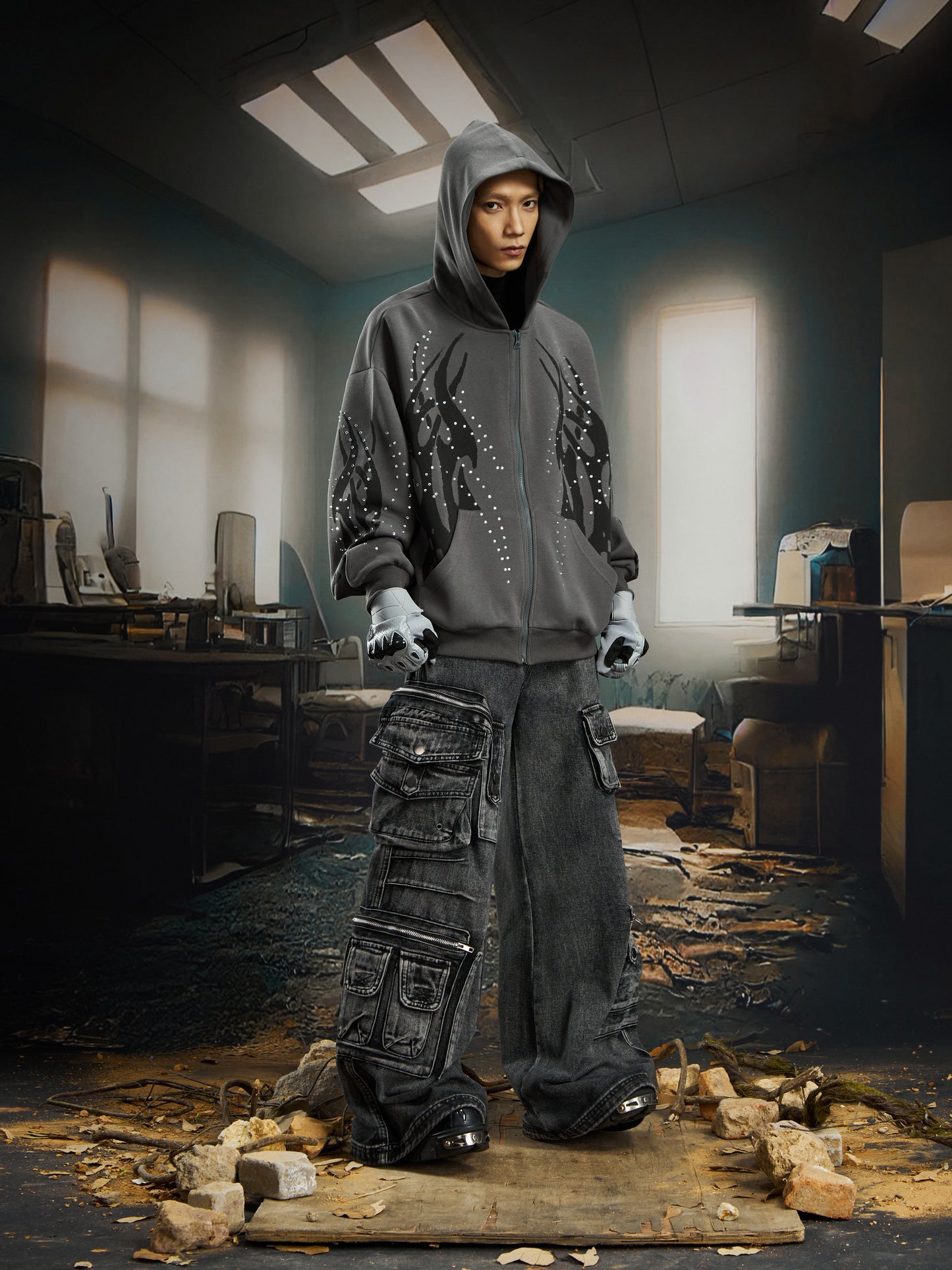 Totem Print Rhinestone Oversize Zipper Hoodie WN22736