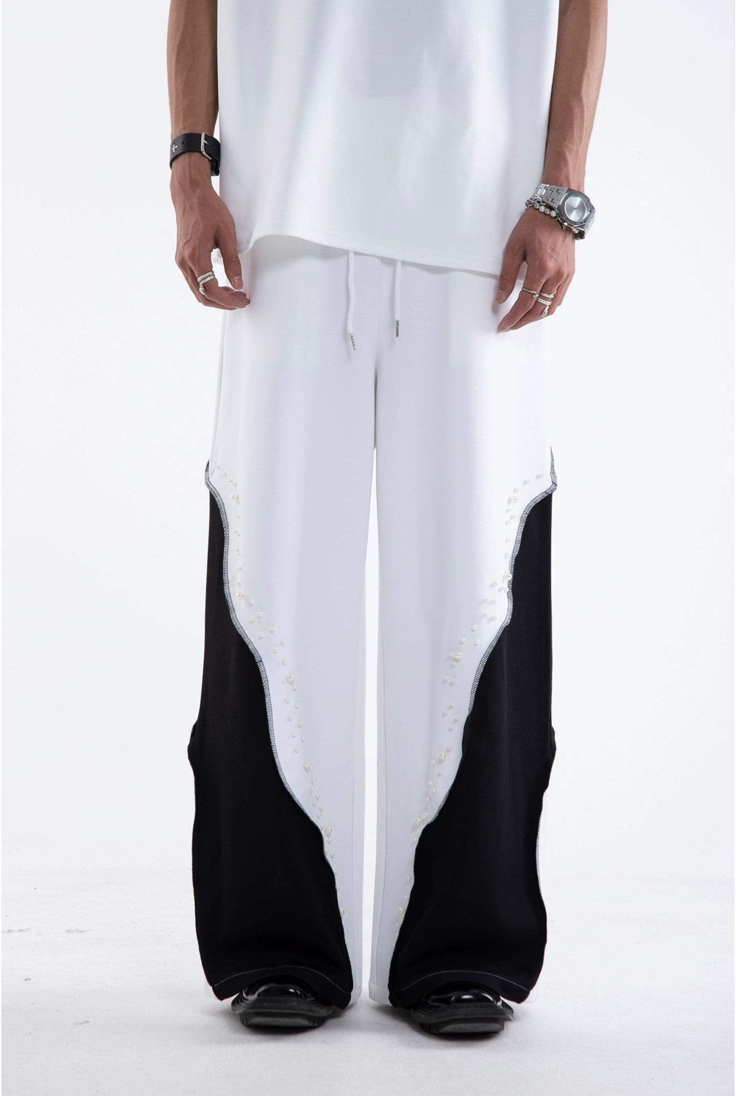 Beading Paint Shoulder-Pad Short Sleeve T-Shirt & Wide Leg Pants Setup WN20640