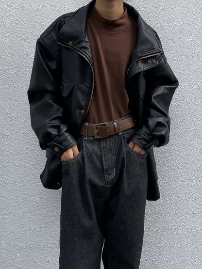 Lapel Oversize PU Leather Zipper Jacket WN19951
