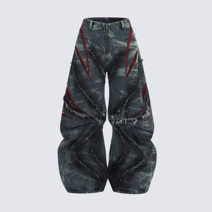 Frayed Panel Graphic Flare Denim Jeans WN27982
