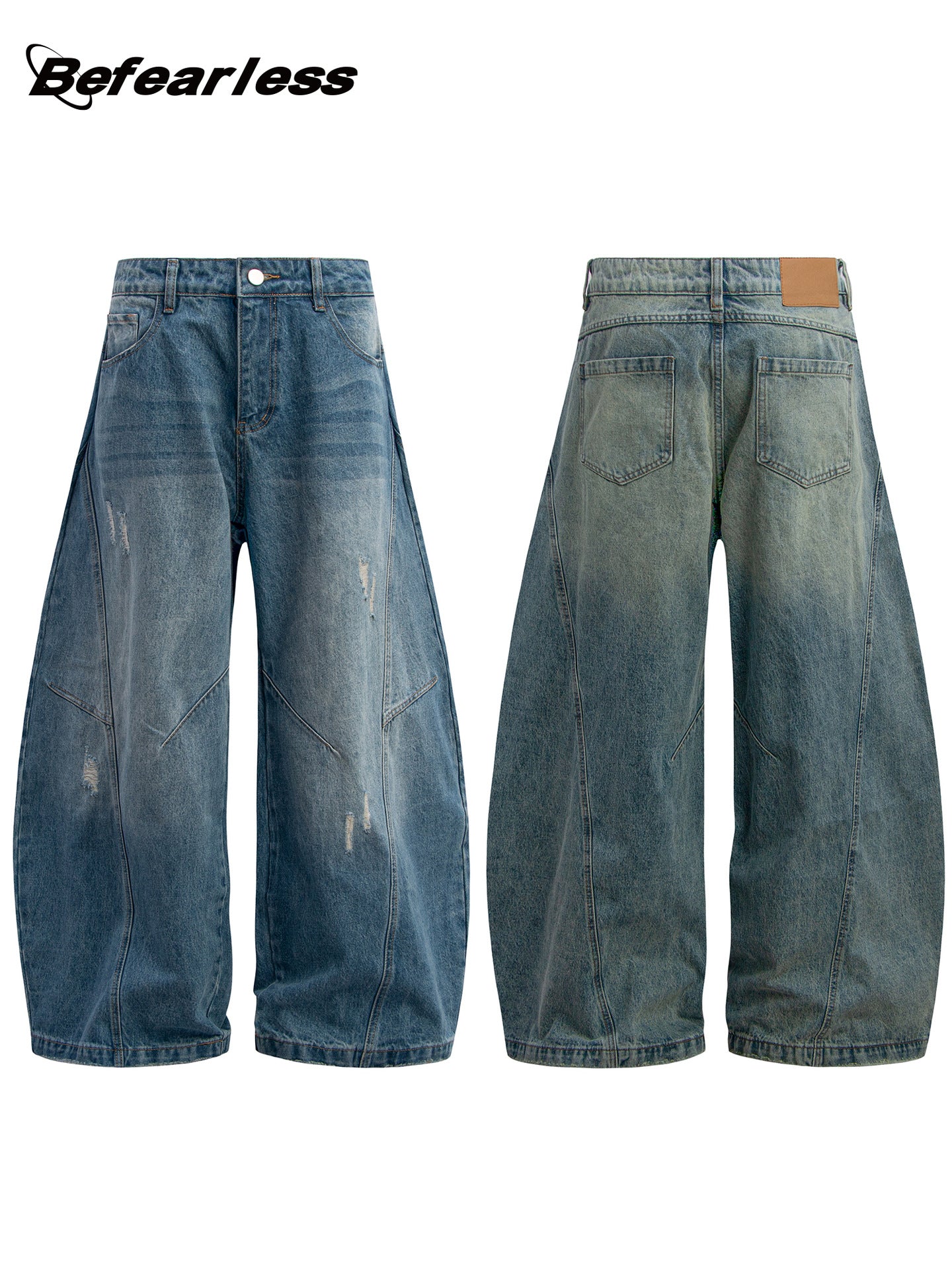 Washed Damage Panel Wide Leg Denim Jeans WN26193