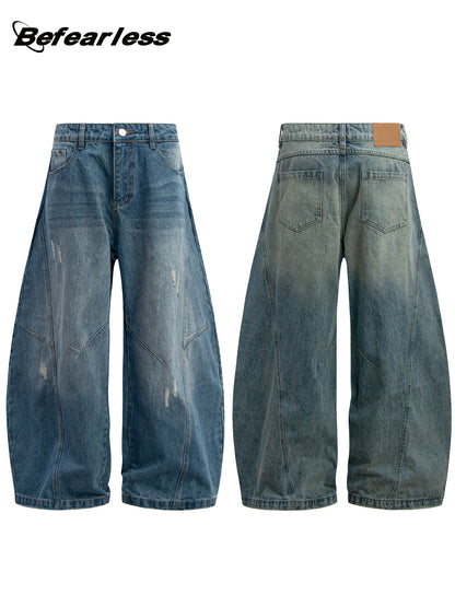 Washed Damage Panel Wide Leg Denim Jeans WN26193