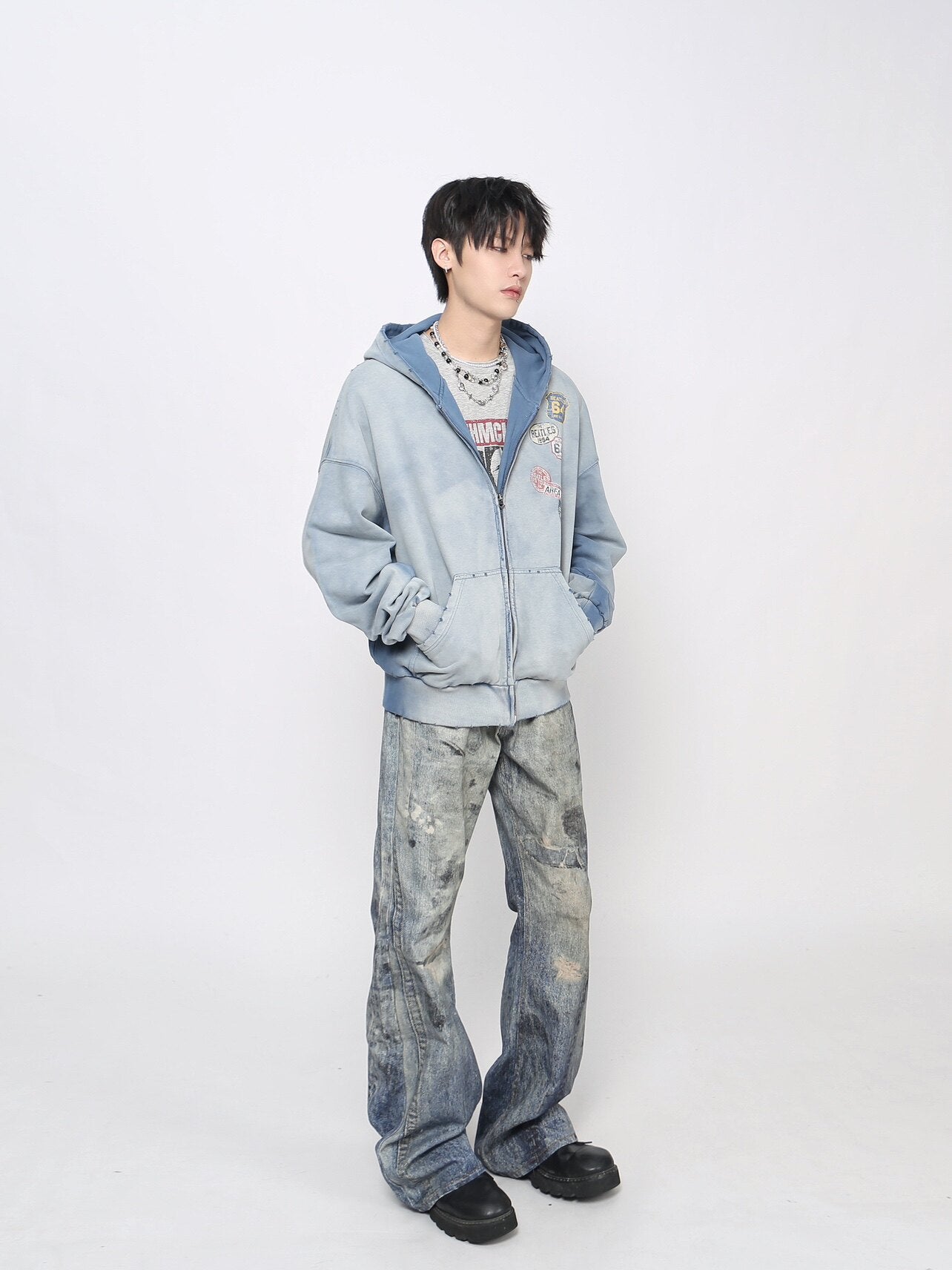 Washed Decorative Detail Zipper Hoodie WN24473