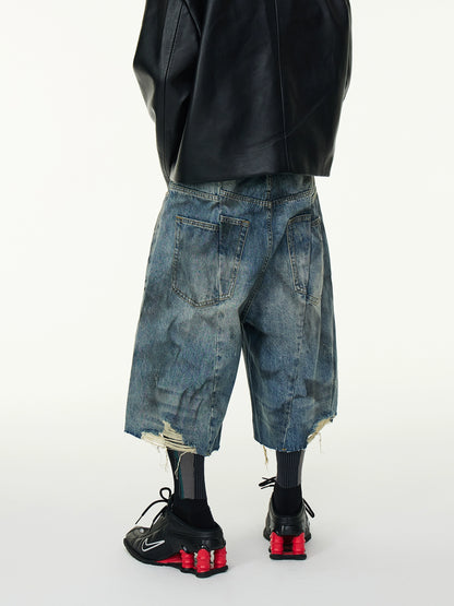 Wash Crinkle Cut Hem Denim Half Jeans WN16933