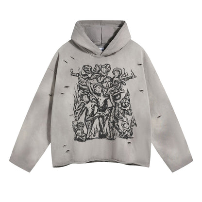 Spray Print Damage Cut-off Oversize Hoodie WN10002