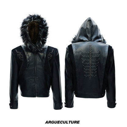 Fake Fur Collar PU Leather Hooded Heavyweight Puffer Jacket WN22618