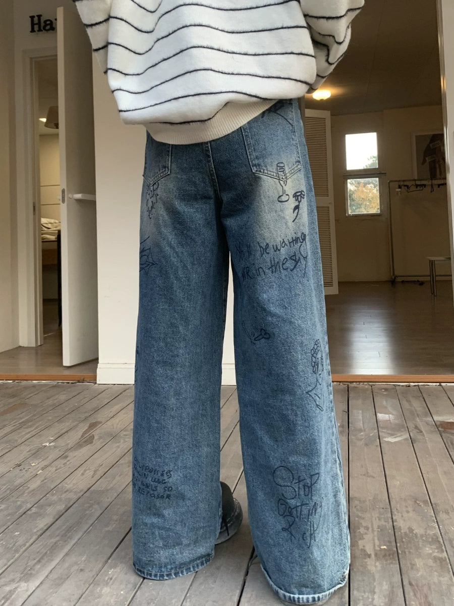 Graffiti Design Washed Wide Leg Denim Jeans WN19851