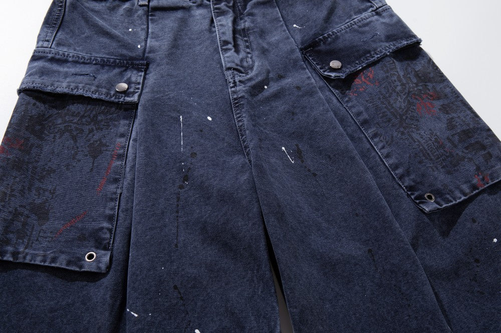 Denim Paint Splatter Multi-Pocket Wide Leg Half Pants WN27938