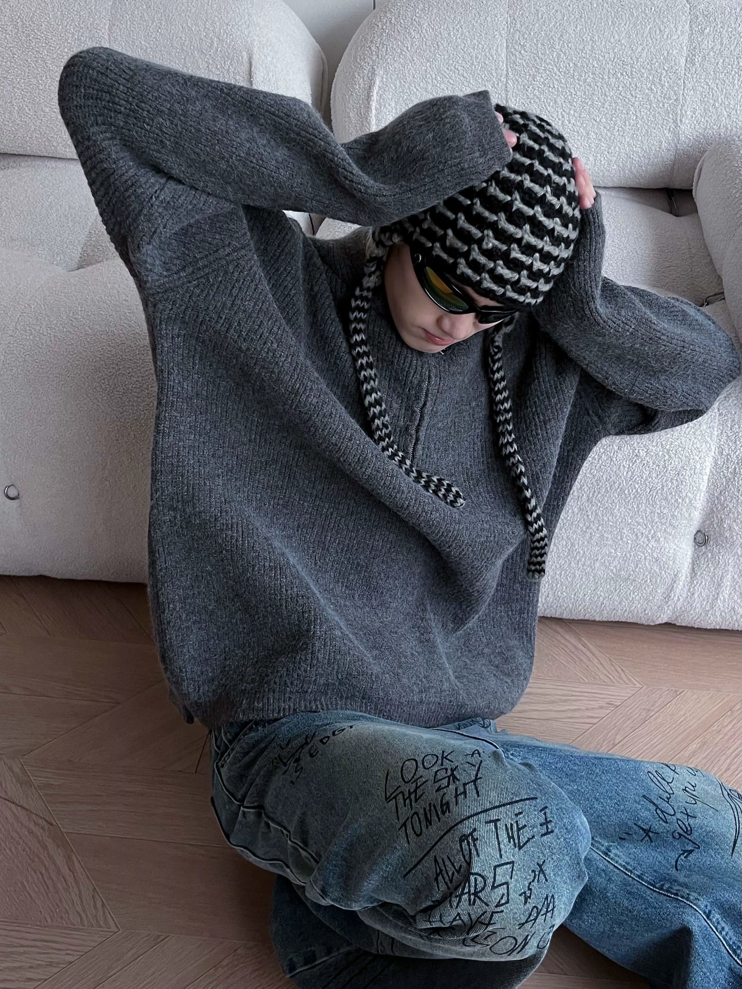 Half Zipper Oversize Hooded Knit Sweater WN10738