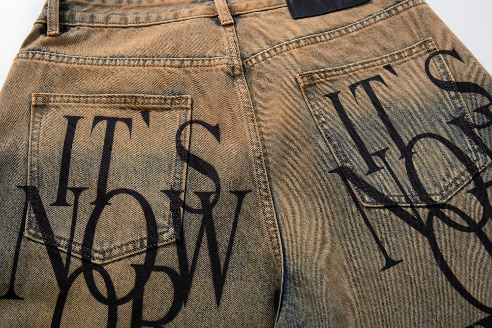 Letter Graphic Wide Leg Denim Jeans WN27800