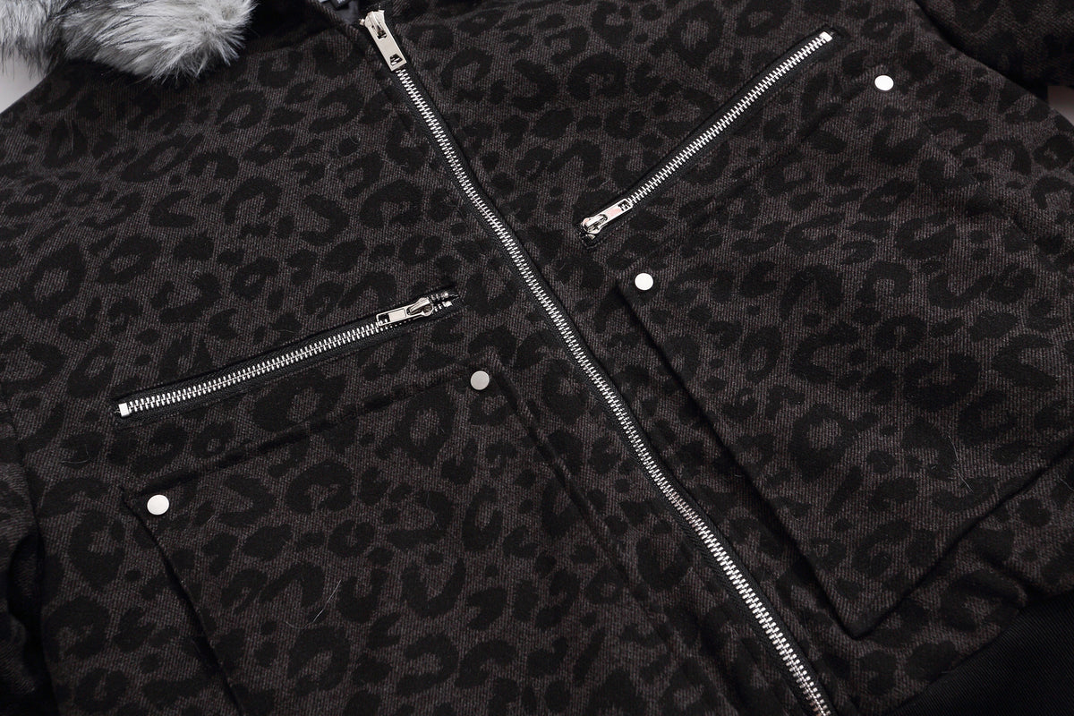 Leopard Print Fake Fur Trim Hooded Oversize Puffer Jacket WN27919