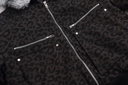 Leopard Print Fake Fur Trim Hooded Oversize Puffer Jacket WN27919