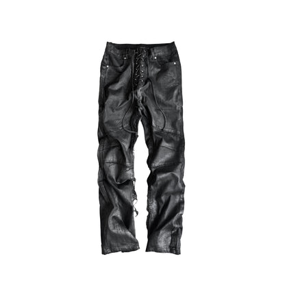 Lace-Up U-Shaped Seam Zipper Fly Straight Denim Jeans WN27070