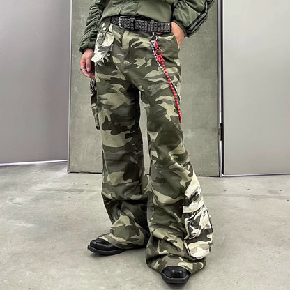 Camouflage Patchwork Multi-Pocket Flare Cargo Pants WN9397