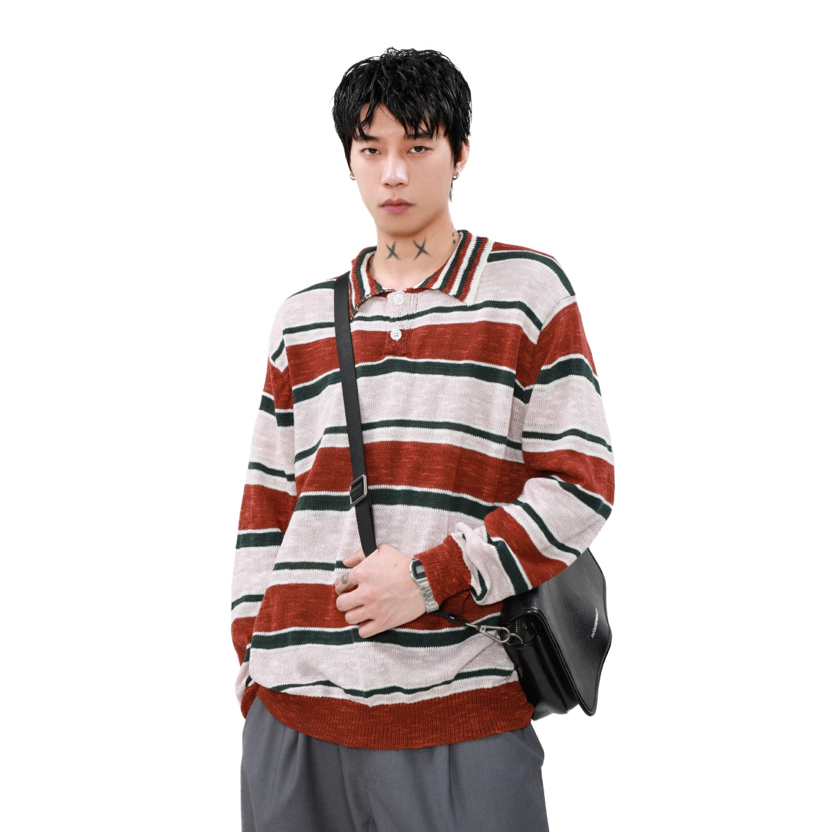 Contrast Stripe Polo Knit Sweater WN8334