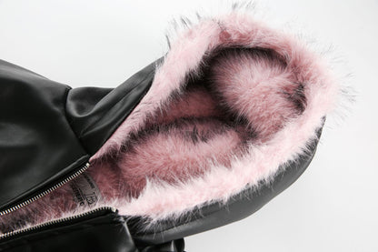 Fake Fur Lining Hooded PU Leather Jacket WN28066