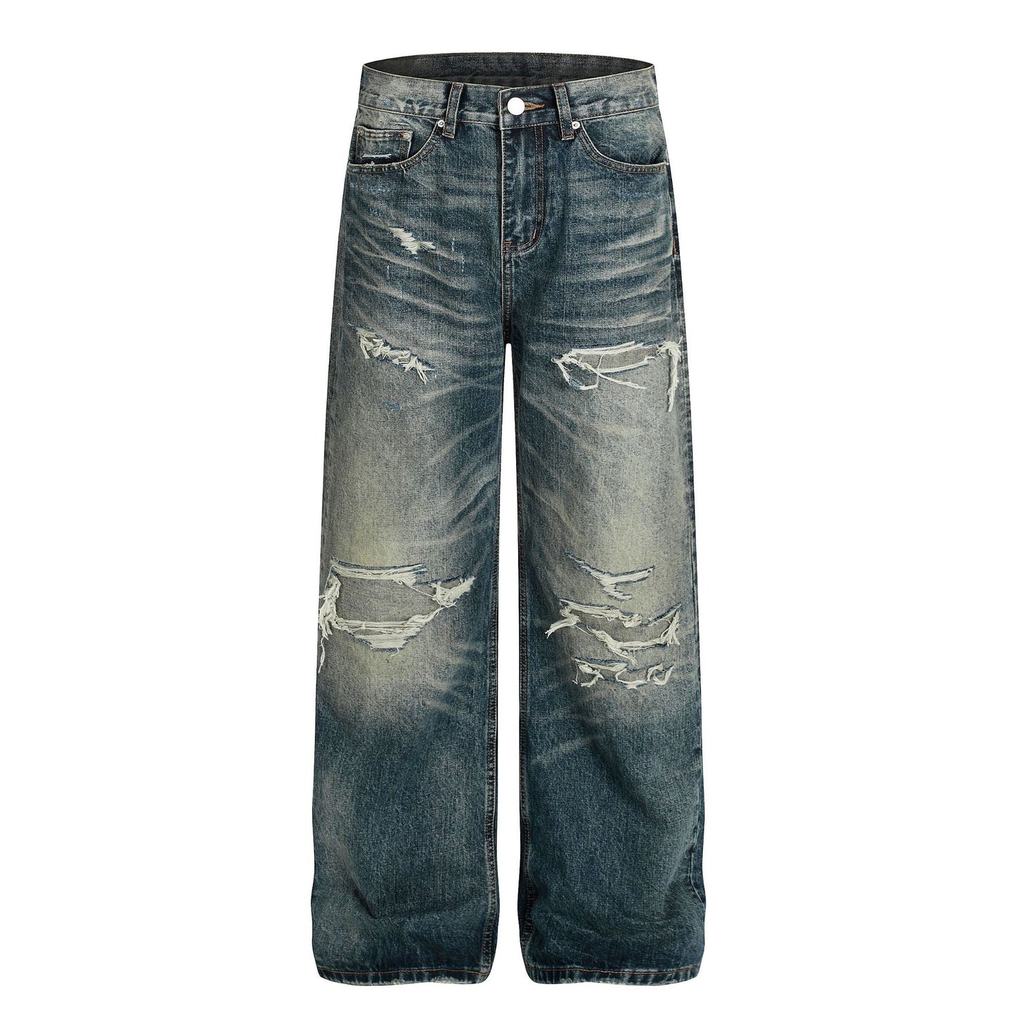 Damage Whisker Wash Straight Denim Jeans WN25951